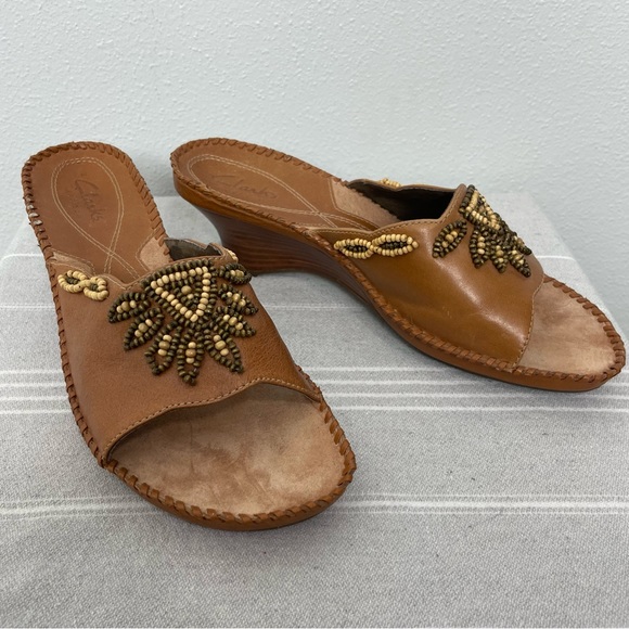 Clarks Shoes - Clarks Artisan Empress Beaded Leather Wedge Sandals | Tan | Size 8